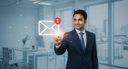 "A dynamic business communication setup featuring a glowing envelope icon with a notification badge and a professional businessman pointing toward it, surrounded by minimalist office decor."