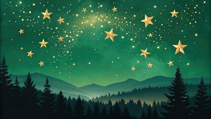 Fototapeta premium Cosmic night sky with golden star clusters and shimmering bokeh stars against a deep green background, space ambiance, celestial wonder, heavenly glow, astronomical landscape, starry night