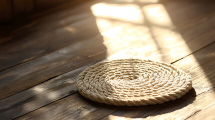 Fototapeta premium Coiled Rope Mat: a rustic, hand-crafted mat basking in a warm light on a wooden floor, simple and inviting.
