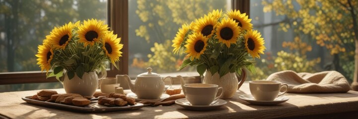 Obraz premium Cozy autumn afternoon with tea and sunflowers, autumn background, warm colors, tea cup with lemon