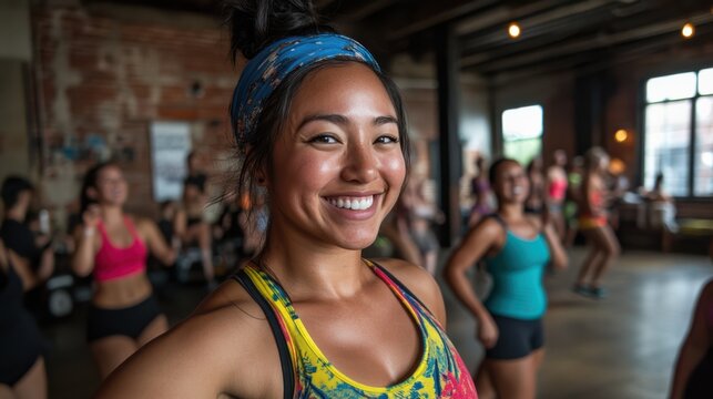 A spirited Zumba class pulses with energetic movements and beaming smiles, as attendees groove in a brightly lit studio.