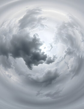 gray sky hdri 360 panorama with dark cloud before storm in seamless projection with zenith for use in 3d graphics as skydome or edit drone panoramas for sky replacement, Side lit. with white shades