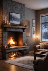 Cozy living room with a crackling fireplace on a snowy winter night, fire, fireplace, warm glow