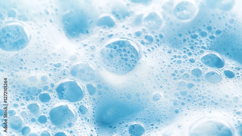Poster Delicate blue soap foam swirls together, displaying a beautiful array of bubbles and reflections. Light dances off the surface, creating a mesmerizing atmosphere of cleanliness and freshness