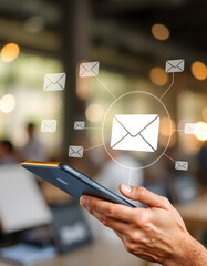 man reading electronic mail ,Email marketing and newsletter concept,Digital communication with email messages,Sending and receiving messages online with the email icon ,notifications, angled photosh