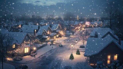Snowy street, illuminated houses, holiday lights, falling snow.
