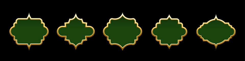 Islam frames. Ramadan ornaments. Arabian, Indian, Turkish decoration labels isolated on black. Collection of Muslim green frames of different shapes with gold border. Vector illustrations set.