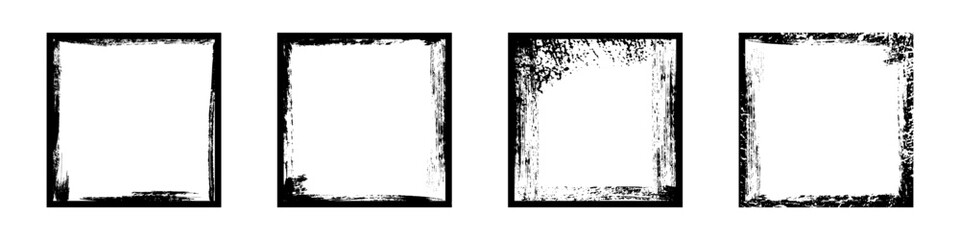 Black frames with worn paper effect on white background. Textured squares with old, grunge, grainy, vintage, worn, dust effect. Simple object mockup. Realistic vector illustrations set.