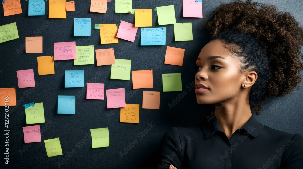 Poster woman stands confidently in front of a wall filled with colorful sticky notes, embodying the challen
