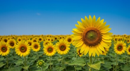 Fototapeta premium Sunflowers in a Summer Field - Vibrant sunflowers in a vast field under a clear blue sky. A beautiful summer scene