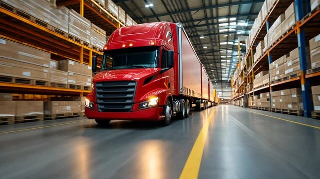 A bright red truck maneuvers past towering shelves stocked with boxes in a busy warehouse. The overhead lights illuminate the organized space, highlighting the efficiency of the setting