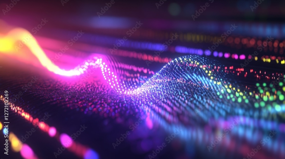 Poster complex digital network mesh grid securing data flow in cyberspace, visualized with colorful particl