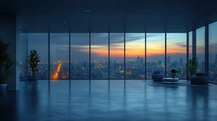 Fototapeta premium Modern Interior with Panoramic City View at Dusk and Twilight