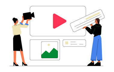 Content Creators Producing Digital Media In Flat Vector Illustration Symbolizing Video Production, Blogging, And Social Media Content, Isolated On White Background.