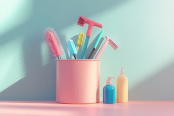 Assorted cleaning tools in a container on a light background for home organization and cleaning themes