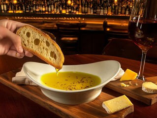 Crusty bread being dipped in olive oil, alongside cheese and red wine, a classic and delicious Mediterranean appetizer, perfect for sharing in a warm and inviting setting
