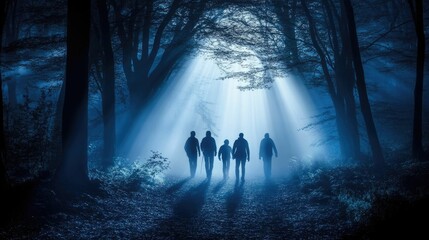 Silhouetted figures walk path, moonlit forest.