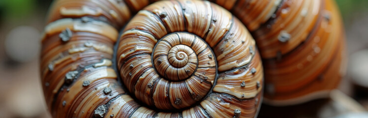 Obraz premium Close-up of spiral snail shell with dirt particles and brown stripes 