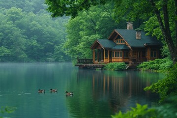 Fototapeta premium Serene Lakeside Cabin Surrounded by Lush Greenery and Ducks