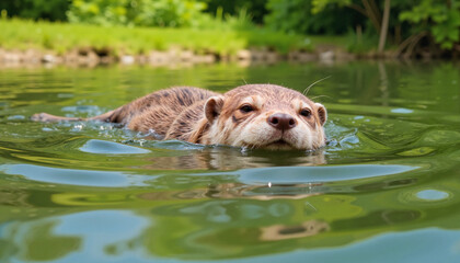 Fototapeta premium Adorable baby otter swimming in clear lake, nature's charm