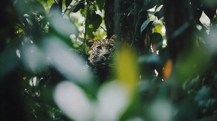 Obraz premium Leopard Cub Hidden in Rainforest Canopy