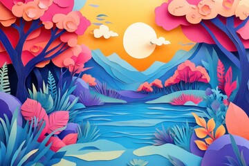Vibrant Paper-Cut Landscape with River and Colorful Nature Elements