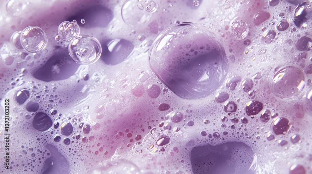 Poster bubbles float gracefully atop lavender-hued foam, creating a serene atmosphere reminiscent of a tran