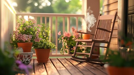 Morning porch, rocking chair, steaming drink, potted plants.