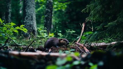 Obraz premium Beaver resting peacefully on a moss-covered log in a lush, green forest