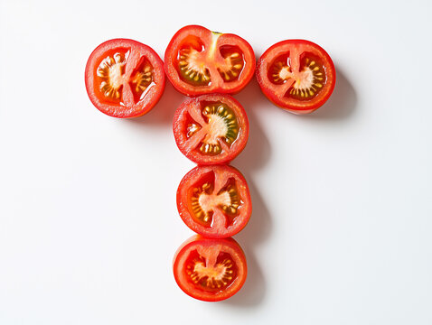 a letter T made of tomatoes, top view. Minimalistic design on a plain white background
