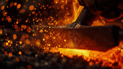 A skilled blacksmith shapes glowing metal with a tool, surrounded by bright sparks and intense heat in a traditional workshop setting, emphasizing the art of metalworking.