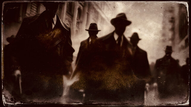 Silhouetted men dressed in suits and hats stroll through a misty urban environment, creating an enigmatic atmosphere reminiscent of the gangster era.