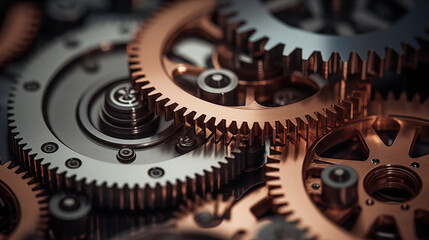 Complex metal gears interlock seamlessly, showcasing their detailed craftsmanship and engineering. The colors and textures highlight the beauty of machinery in action.