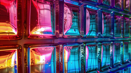 A series of glass blocks in various colors catches light, creating a vivid and artistic atmosphere in a contemporary interior setting, enhancing the ambiance and visual appeal.