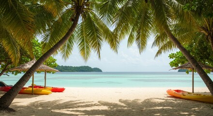 Tropical Beach Paradise - Idyllic tropical beach scene with turquoise water, white sand, palm trees, and kayaks. Perfect for vacation or travel themes