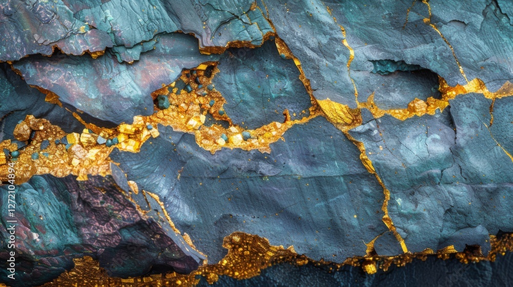 Aufkleber Close up view reveals a stunning array of mineral veins in vibrant colors and textures, highlighted by striking gold deposits that shimmer against the darker rock surface.