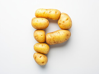 a letter P made of potatoes, top view. Minimalistic design on a plain white background