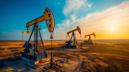 Fototapeta premium Oil pumps extracting crude oil in a desert landscape during sunset, highlighting the energy industry's influence on the environment and raising concerns about pollution and climate change