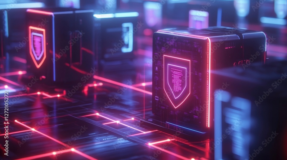 Poster glowing shield icons illuminating servers in a futuristic datacenter, providing robust cyber securit
