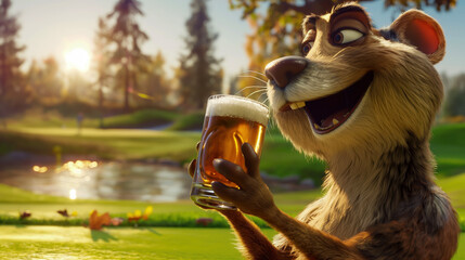 A cheerful gopher holds a glass of beer, smiling broadly on a bright day at a golf course, with lush greenery and a calm pond in the background.