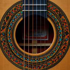 Obraz premium Intricate craftsmanship of a decorated acoustic guitar showcasing vibrant colors and detailed patterns in a cozy music shop setting.