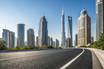 Empty asphalt road passing through the heart of a modern city amidst towering skyscrapers and office buildings, modern cityscape, high-rise buildings, concrete highway, urban sprawl, skyscraper