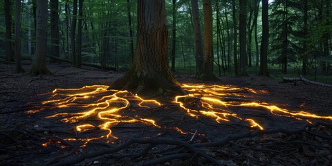 Mycelium forms a glowing network on the forest floor intertwining like roots under the towering trees. This intricate design creates a captivating light display in the serene dusk environment