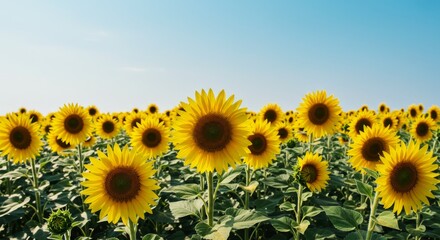 Obraz premium Vibrant Sunflower Field Under a Clear Sky - A stunning view of a vast sunflower field bathed in sunlight against a clear blue sky