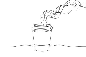 Paper cup of hot coffee in one Continuous line drawing. Concept of drink to go in lineart style.