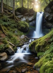 Fototapeta premium Enchanting waterfall flowing through pristine wilderness of Bayerischer Wald Nationalpark, Bavarian landscape, serene, serene, idyllic