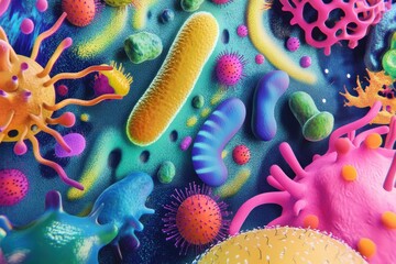 Colorful Microbial World with Vibrant Bacteria and Cells Under Microscope