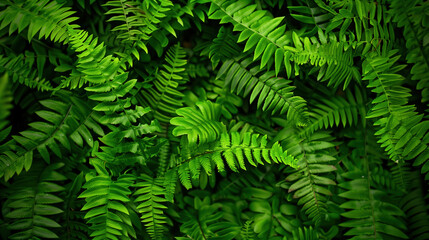 Lush green ferns creating a vibrant natural backdrop in a shaded forest area showcasing diverse foliage and textures