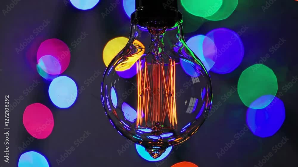 Aufkleber glowing filament light bulb against colorful bokeh background, abstract illumination concept