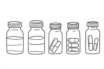 Single continuous line drawing pill bottle. Medical capsules container. Tablet pills medical drug pharmacy care and tablet pills antibiotic pharmaceutical.